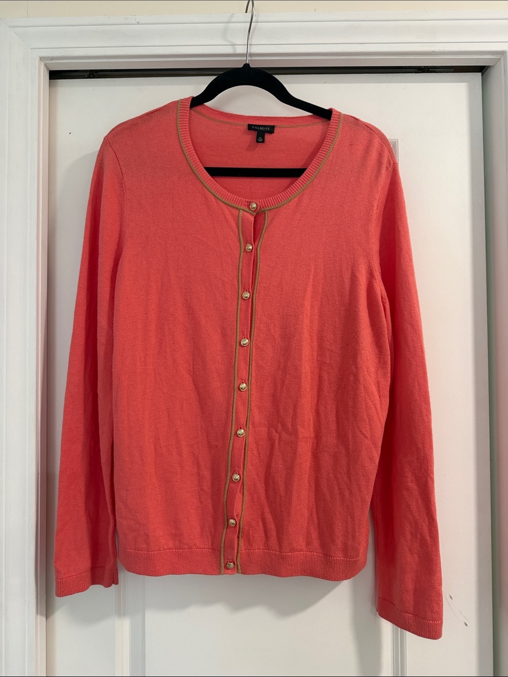 Talbots XL Coral-Orange Button Cardigan with Gold Trim